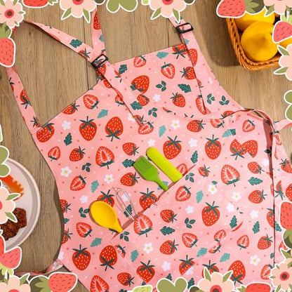 2 Pack Kids Apron, Cute Cooking Aprons, Waterproof Art Apron with Pockets, Toddler Painting Artist Apron Adjustable - color: Strawberry, size: 45*62cm