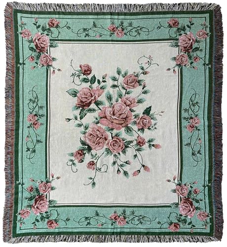 Rose Jacquard Woven Tapestry Throw Blanket 50"x60" | Floral wall hanging art soft travel mat,Fringe Tassels,multipurpose indoor outdoor Décor for Couch, Sofa, Bed, Living Room - color: Rose