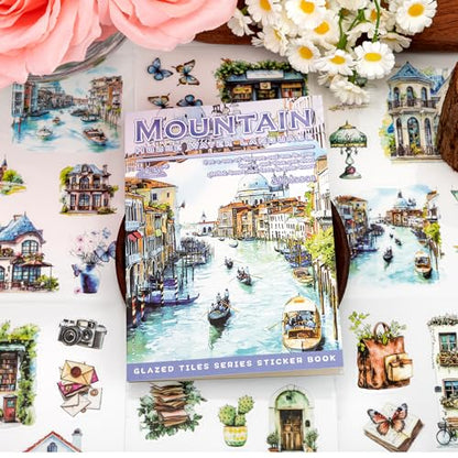 Water Mountain House Sticker Scrapbooking Supplies for Junk Journal, 20 Sheets PET Stickers - Vintage Journaling Stickers, Ephemera Sticker Book Pre Cut(TZ-009-004) - style: Water Mountain House