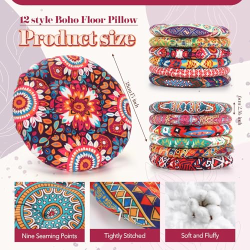 Nuogo 12 Pcs Bohemian Floor Cushions Bulk 15 Inch Boho Floor Sitting Meditation Pillows Yoga Mandala Meditation Pouf for Living Room Balcony Office Tatami(Round) - color: Round