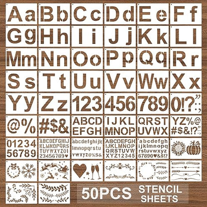 BAMIDELE Letter Stencils for Painting on Wood, 50 Pcs Alphabet Drawing Templates with Numbers, Signs, Flowers, Reusable Plastic Art Craft Stencils - style: Regular Font Stencil