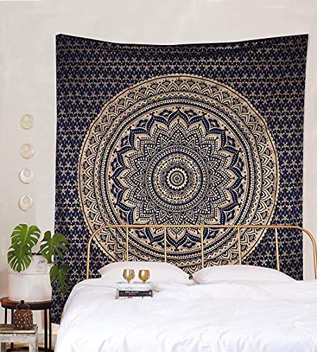 raajsee Blue Gold Mandala Tapestry For Bedroom- Aesthetic Tapestry - Indie Wall Tapestry Hippie Room Decor - Boho Tapestrys -Trippy Large Tapestry Wall Hanging 82x92 Inches - color: Blue Gold, size: 92"L x 82"W