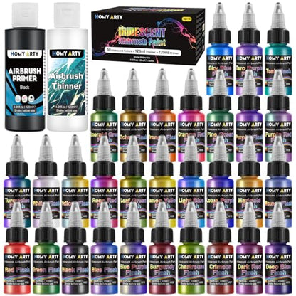 HOMY ARTY Iridescent Airbrush Paint - 30 Colors with 4.05 fl oz Thinner and | 4.05 fl oz Primer, Ready to Spray Acrylic Airbrush Paints, Water-Based Iridescent Air Brush Colors for Plastic Model, Canvas