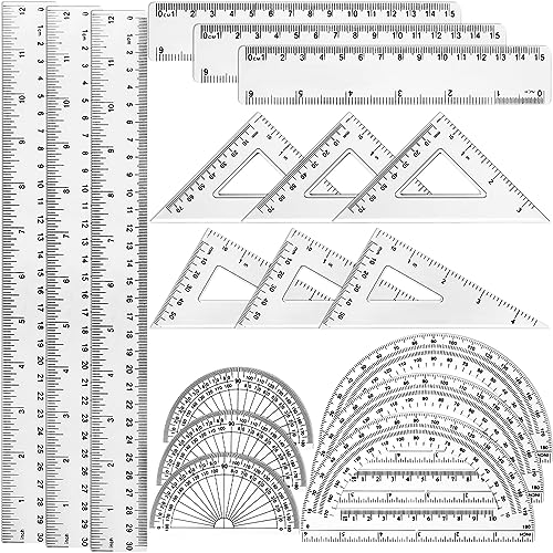 Tenare 18 Pcs Plastic Clear Math Set Includes Protractor Triangle Rulers 12 Inch 6 Inch Straight Geometry Math Transparent Ruler Measuring Tool for Office Home Supplies