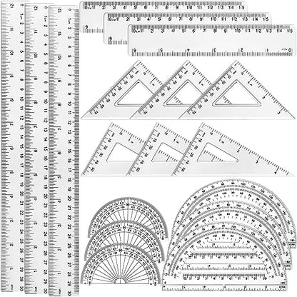 Tenare 18 Pcs Plastic Clear Math Set Includes Protractor Triangle Rulers 12 Inch 6 Inch Straight Geometry Math Transparent Ruler Measuring Tool for Office Home Supplies