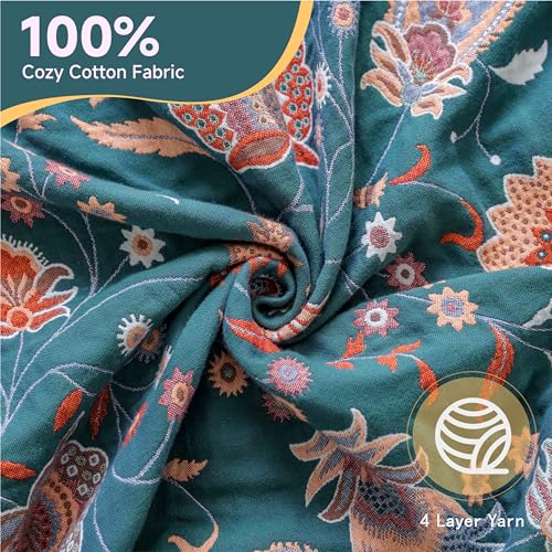 100% Cotton Boho Throw Blanket for Bed White Flowers 90"x98" - color: Cashews, size: 90"x98"
