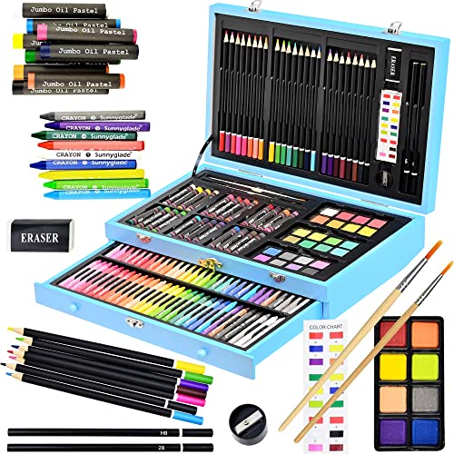 Sunnyglade 145 Piece Deluxe Art Set Wooden Art Box & Drawing Kit Blue | Art Kit with Crayons, Oil Pastels, Colored Pencils, Watercolor Pans, Sketch Pencils, Brush, Sharpener, Eraser, Color Chart - color: Blue