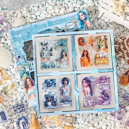 500PCS Scrapbook Stickers Kit, Retro House Coconut Tree Flowers People Transparent Waterproof Pet Stickers Set, Aesthetic Junk Journal Supplies for Scrapbooking, Journaling, Collage, DIY Art Crafts - color: Summer Rain and Sunshine
