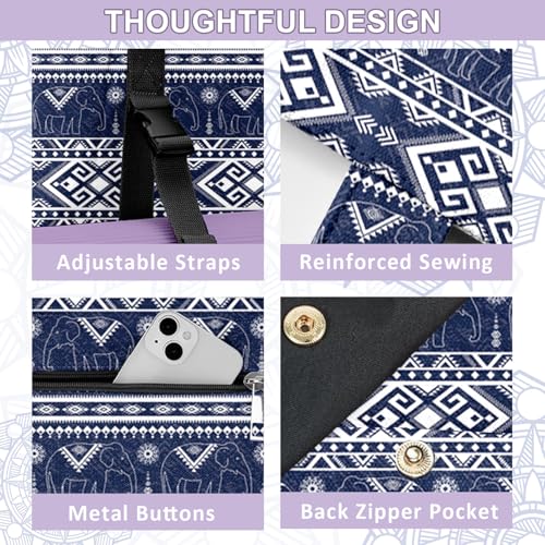 Yoga Bag for Women, Large Canvas Yoga Mat Tote Bag with Yoga Mat Carrier | Large Mat Pocket Fitness Tote for Pilates, Gym, Travel, Office & Beach - color: Blue Boho Elephant