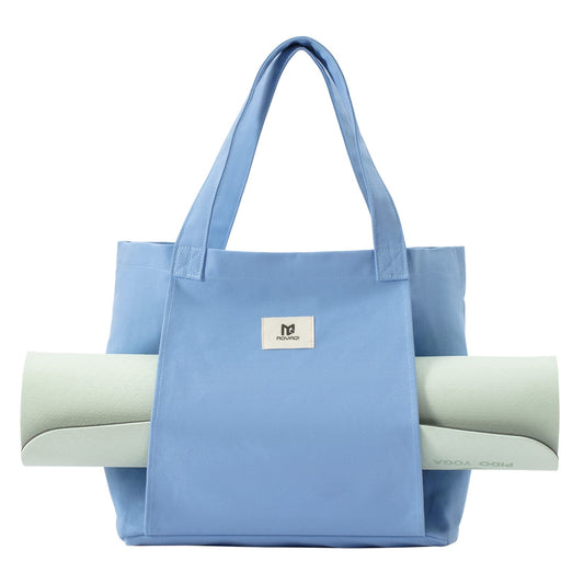 Moyaqi Canvas Tote Bag with Yoga Mat Carrier Pocket Carryall Shoulder Bag for Office, Workout, Pilates, Travel, Beach and Gym - color: Blue