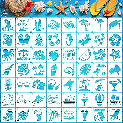 Augshy 56 Pack Summer Stencils for Painting, 3 Inch Beach Crafts Template | Reusable Hawaiian Ocean Life Stencils, Scrapbooking Drawing Wall Floor Decor, DIY Rock Painting Airbrush Fabric Art, 3 Inch - style: Hawaii