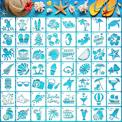 Augshy 56 Pack Summer Stencils for Painting, 3 Inch Beach Crafts Template | Reusable Hawaiian Ocean Life Stencils, Scrapbooking Drawing Wall Floor Decor, DIY Rock Painting Airbrush Fabric Art, 3 Inch - style: Hawaii