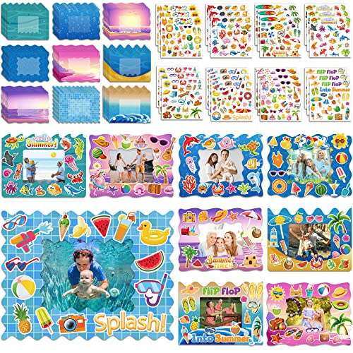 Ctosree 54 Packs Summer Picture Frame Craft Kit DIY with Stickers for Kids | Ocean Theme Make Your Own Frame Arts and Crafts Beach Pool Party Favors Classroom Set Bulk