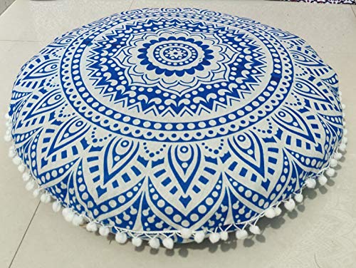 INDIAN CRAFT CASTLE 24" Blue Ombre Mandala Barmeri Large Floor Pillow Cover Cushion Meditation Seating Ottoman Throw Cover Hippie Decorative Zipped Bohemian Pouf Ottoman Pom Pom Cases 24" Round - color: Blue, style: 24 Inch Round