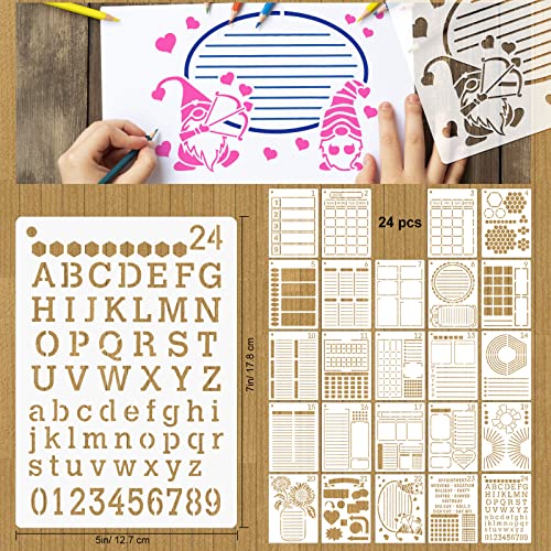 MWOOT 24 Pcs Assorted Drawing Journaling Stencils Set,Mixed Shapes Scale Painting Templates for DIY Albums Schedule Wall Art Decor,Reusable Plastic Paint Template for Diary Card Making (17.8x12.7CM)
