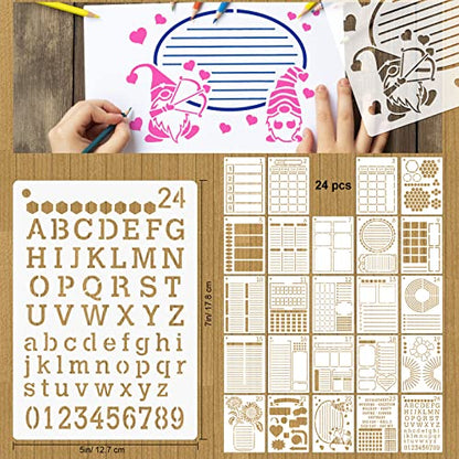 MWOOT 24 Pcs Assorted Drawing Journaling Stencils Set,Mixed Shapes Scale Painting Templates for DIY Albums Schedule Wall Art Decor,Reusable Plastic Paint Template for Diary Card Making (17.8x12.7CM)