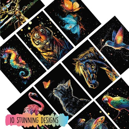Scratch Art Book for Adults - Animal Series, 10 Rainbow Art and Crafts for Adults | Adult scratch art & foil art for adults kit | stress relief scratch painting, screen-free travel craft | scratch art adult - color: Animal Series