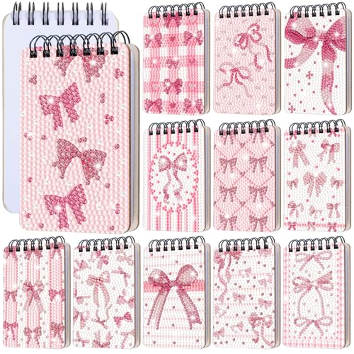 Fuyoooo 12 Pcs Pink Bow Diamond Art Notebook for Adults, 4.72 x 2.83 Inch | Coquette Bow Diamond Art Kits, Bowknot DIY Cover Notebook Diamond Painting for Beginners, 5d Journal Notepad Accessories - style: Pink Bow