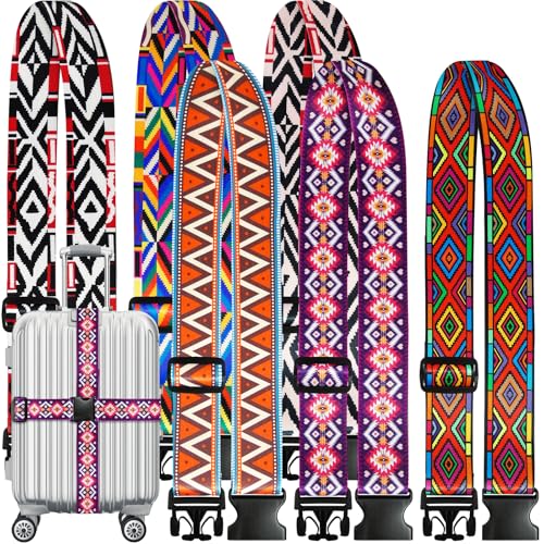 6-Piece Luggage Straps, Patterned Suitcase Straps, Adjustable Travel Luggage Belt, 2 Inches Wide by 72 Inches Long, Multicolor, Nylon, Buckle Fastener - style: Bohemian Style