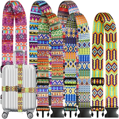 6 Pieces Luggage Straps Patterned Luggage Strap Suitcase Straps Luggage Belt Adjustable Travel Luggage Belt Strap with Quick Release Buckle, 2 inches Wide by 72 inches Long (Folk Style) - style: Folk Style