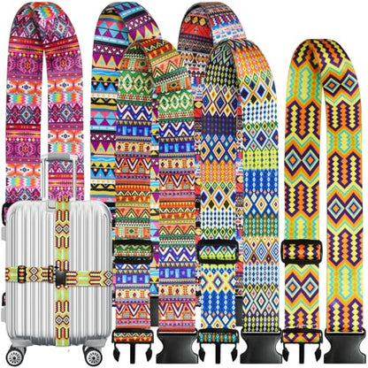 6 Pieces Luggage Straps Patterned Luggage Strap Suitcase Straps Luggage Belt Adjustable Travel Luggage Belt Strap with Quick Release Buckle, 2 inches Wide by 72 inches Long (Folk Style) - style: Folk Style