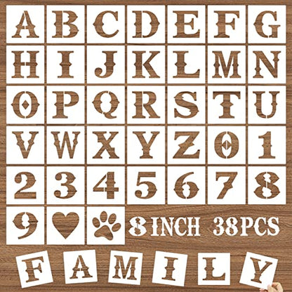 8 Inch Letter Stencils and Numbers, 38 Pcs Alphabet DIY Craft Stencils, Reusable Plastic Drawing Templates for Painting on Wood, Wall, Fabric, Rock, Floor, Signage, Door Porch - size: 8 Inch