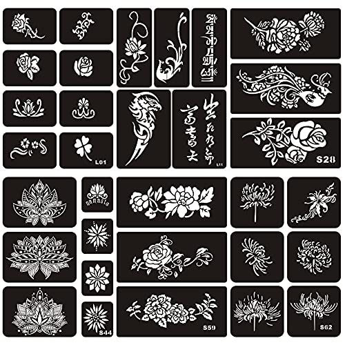 Henna Lotus Tattoo Templates Kit, 6 Sheets | 32pcs Patterns, Large Indian Arabian Flower Designs, Self Adhesive, For Hand Arm Body Art Paint