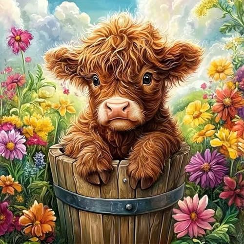 Highland Cow Diamond Art Kits for Adults, 5D Diamond Painting Kits Flower,DIY Full Round Drill Diamond Dots Paintings With Diamonds Gem Art for adults Crafts Kits Home Decor 13.78 x 13.78inch - color: DZ883