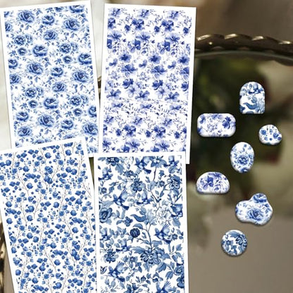 OLYCRAFT 24Pcs 4 Styles Blue Flower Clay Transfer Paper for Polymer | Blue Porcelain Flowers Polymer Clay Transfer Sheets, Floral Small Transfer Paper Decal for Clay Earrings Jewelry Making - style: Porcelain Flower