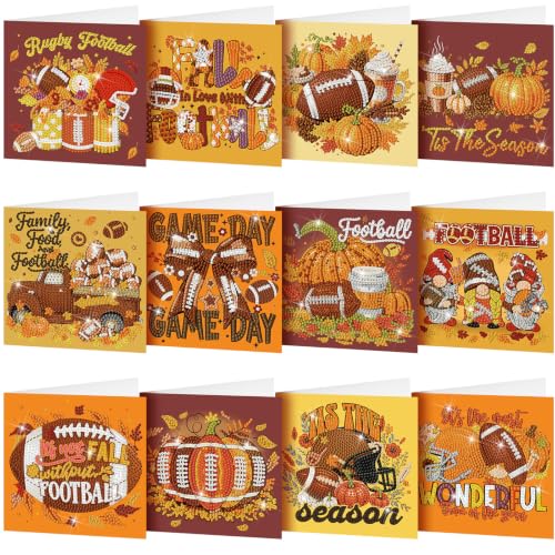 Saillong 12 Pack Fall Football Diamond Painting Greeting Card Kits DIY Autumn Football Diamond Art Cards with Envelopes 5D Rhinestones Painting Making Kit for Adults DIY Crafts Family Friend Gifts - color: Fall Football