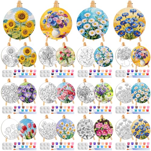 Supervitae 72 Piece Vintage Flowers Round Pre Drawn Canvas Kit 8" Paint and Sip Kit for Adults Painting Party Pre Printed Canvas DIY with Pictures Paints Easels Brushes for Party Gifts - size: 8", style: Vintage Flowers