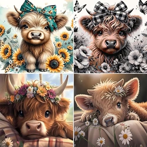 4 Pack Highland cattle Paint by Numbers kit for Adults and Kids | Cow Painting by Number Kits On Canvas, Number Artist DIY Oil Painting Acrylic Paints, Home Wall Decor 10x10in