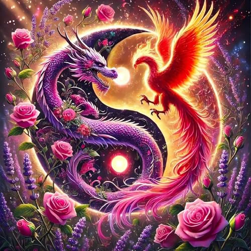DIY Diamond Art Kits for Adults, Dragon and Phoenix Diamond Painting Kits | Gem Painting, Dimond Art Paintings Kit, Full Drill Diamond Dot for Home Wall Decor 14 X 14 Inch - color: CM067