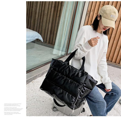 Large Puffer Tote Bag for Women, Quilted Gym Bag with Yoga Mat Holder, Travel Duffle, Waterproof Carry on Weekender Bag (black) - color: black