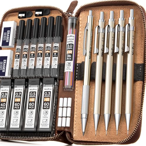29PCS Metal Mechanical Pencil Set, Professional Drawing Kit in Leather Case | Mechanical Pencil Pack: 0.3 0.5 0.7 0.9 2mm Pencil Holder, (6B 4B 2B HB 2H 4H) Lead, Erasers, for Art Drafting Sketching - color: Gold, size: 1 Count (Pack of 5)