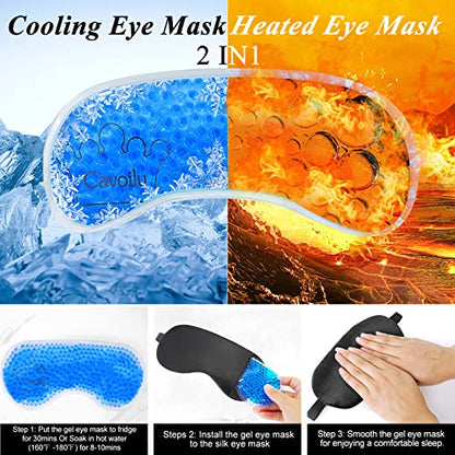 Silk Sleep Mask with Cooling Gel Eye Mask, Warm and Cold Compress, Heated Eye Mask for Tired Eyes, Stain Eye Cover Sleeping Mask for Travel, Home, Office, Yoga, Total Blackout (Black) - color: Black