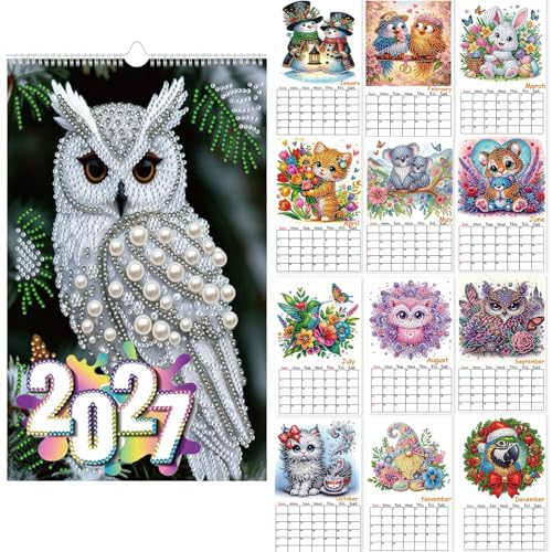 2027 Wall Calendar DIY Diamond Art Painting Hanging Calendar 9.9" x 6.7" Hanging Loop from January 2027 to December for Home Office Planning-Animals - color: Animals