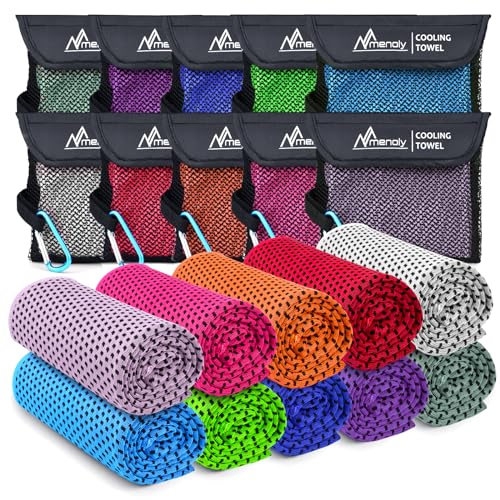 MENOLY 10 Pack Cooling Towels, 40"x12" Cooling Towels for Neck and Face with Breathable Carrying Bags,Soft Microfiber Instant Cooling Rags, Gym Workout Sweat Towel for Sports, Yoga, Camping, Running - size: 10 Pack