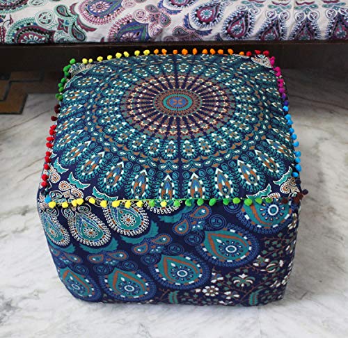 CRAFT KALA Indian Square Patchwork Traditional Pouf Cover Indian Living Room Pom Poufs Cover Decorative Designer Ottoman Home Living Footstool Chair Cover Ottoman Decor 16X16X14 inches, Blue Mirchi - color: Blue Mirchi, size: 16x16x14 inches