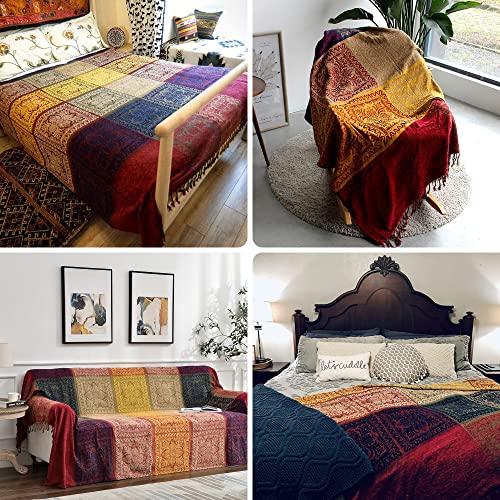 Boho Throw Blanket, Chenille Jacquard Tassels Throw Blankets for Bed Couch Soft Chair， Bohemian Fringe Tassels (Red, S:60x75 - color: Red, size: Small (60 x 75 in)