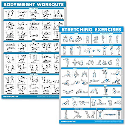 QuickFit Bodyweight Workouts and Stretching Exercise Poster Set – Laminated 2 Chart Set – Body Weight Exercise Routine & Stretching Workouts (18" x 24")