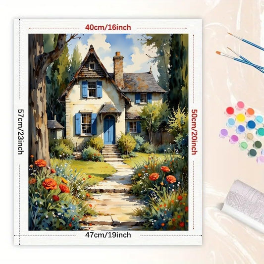 Cottage Paint by Numbers Kit for Adults – DIY Cozy Cottage with Garden Path Painting on Canvas 16x20 Inches, Acrylic Paint Set, Suitable for Beginners, Country Home Art for Decoration or Gifts - color: HSX00505, size: 16X20IN Folded