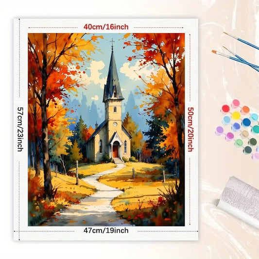 Autumn Church Paint by Numbers Kit for Adults - DIY Countryside Chapel with Yellow Path Painting on Canvas 16x20 Inches, Acrylic Paint Set, Suitable for Beginners, Art for Home Decoration or Gifts - color: HSX01213, size: 16X20IN Folded