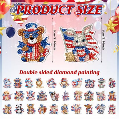 WILLBOND 30 Pcs 4th of July Animals Diamond Art Keychain Kits for Adults Independence Day Patriotic Diamond Painting Keyring Double Sided American Flag Red White Blue Hanging Ornaments for DIY Crafts - color: 4th of July