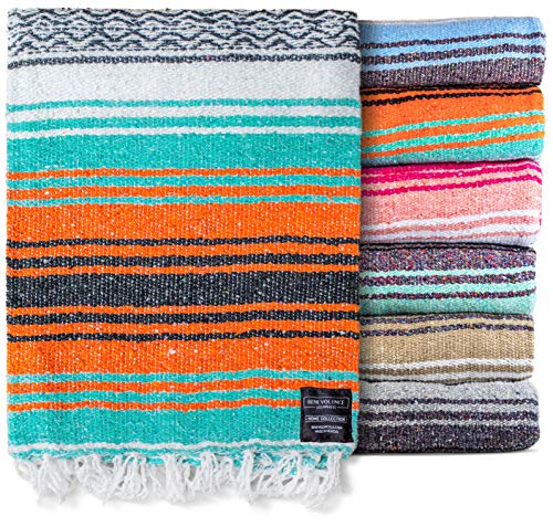 Benevolence LA Authentic Mexican Blanket – Handwoven Falsa Serape Throw – Beach, Camping, Picnic & Yoga Blanket – Lightweight Cotton Throw for Outdoor & Home – Mandarin, 50x70 in - color: Mandarin