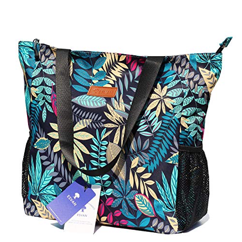 ESVAN Original Floral Water Resistant Large Tote Bag Shoulder Bag for Gym Beach Travel Daily Bags Upgraded - color: [V] Blue Leaf