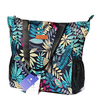ESVAN Original Floral Water Resistant Large Tote Bag Shoulder Bag for Gym Beach Travel Daily Bags Upgraded - color: [V] Blue Leaf