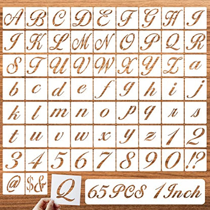 1 Inch Letter Symbol Stencils for Painting on Wood, 65 Pcs Alphabet Drawing Templates with Calligraphy Large Font and Cursive Letters Numbers Signs, Reusable Plastic Art Craft Stencils - size: 1 Inch