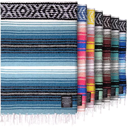 Hydration Nation Authentic Extra Large Mexican Blanket (70"x50") - Handwoven Yoga, Serape- Artisanal Falsa, Beach, Camping, Picnic, Outdoor - Sky Blue - color: Sky Blue