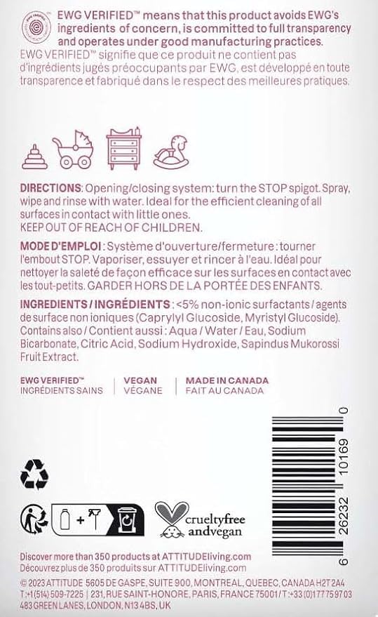 ATTITUDE Baby & Kids Toy Cleaner Spray, EWG Verified, Multi-Surface Cleaner for Toys, High Chairs & Play Areas, Naturally Derived, Vegan, Unscented, 27.1 Fl Oz - size: 27.1 Fl Oz (Pack of 1)